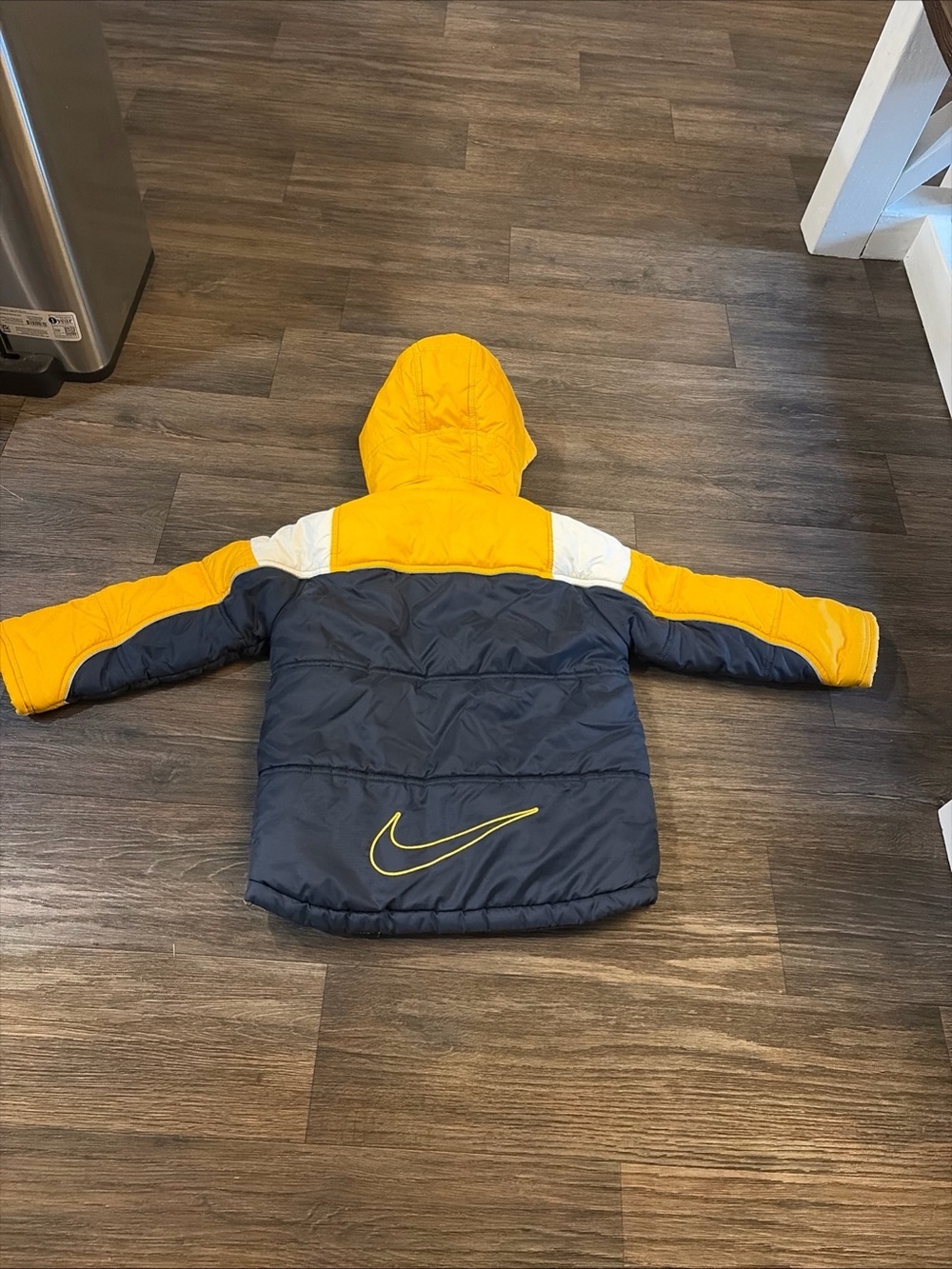 Y2K Nike Boys Winter Jacket Blue Yellow Hooded Puffy Synthetic Fill Quilted SZ 6 - Picture 7 of 8